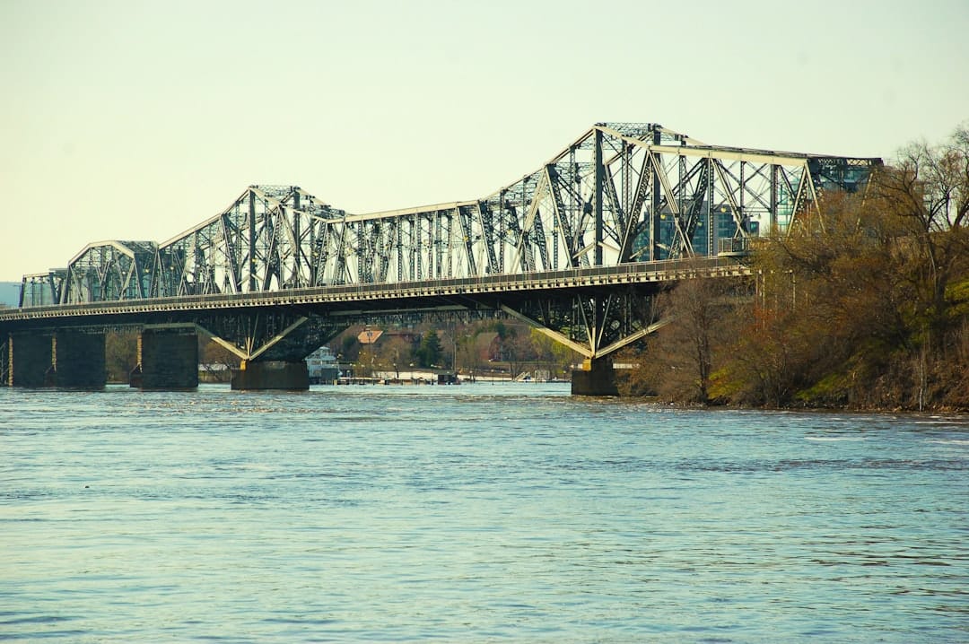 Bridge over the St. Marys River in Sault Ste. Marie Ontario with scenic waterfront