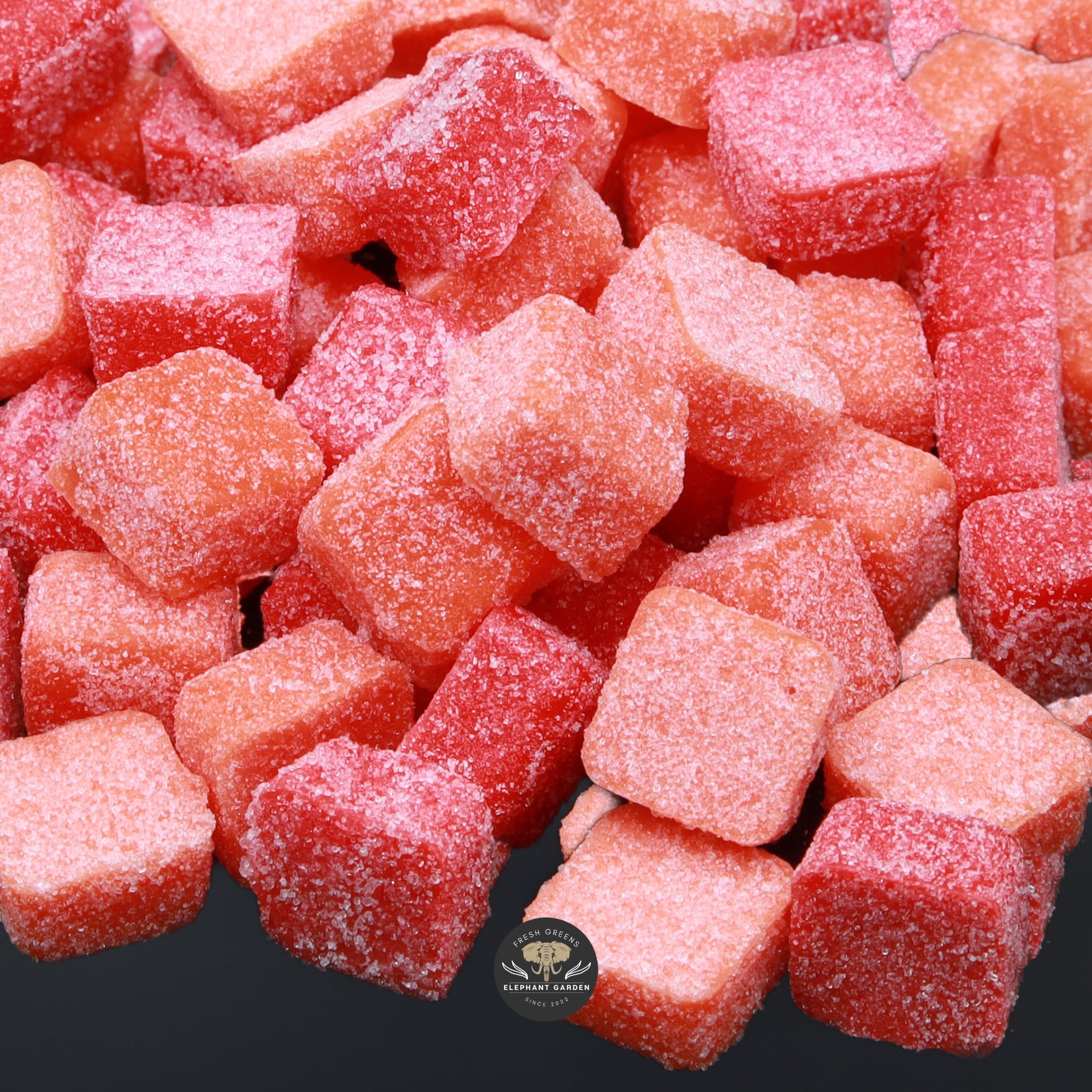 Zoomed in close up image of Strawberry Kiwi and Orange Creamsicle CBD 5000MG from Elephant Garden. Bag of mixed flavours of CBD edibles.