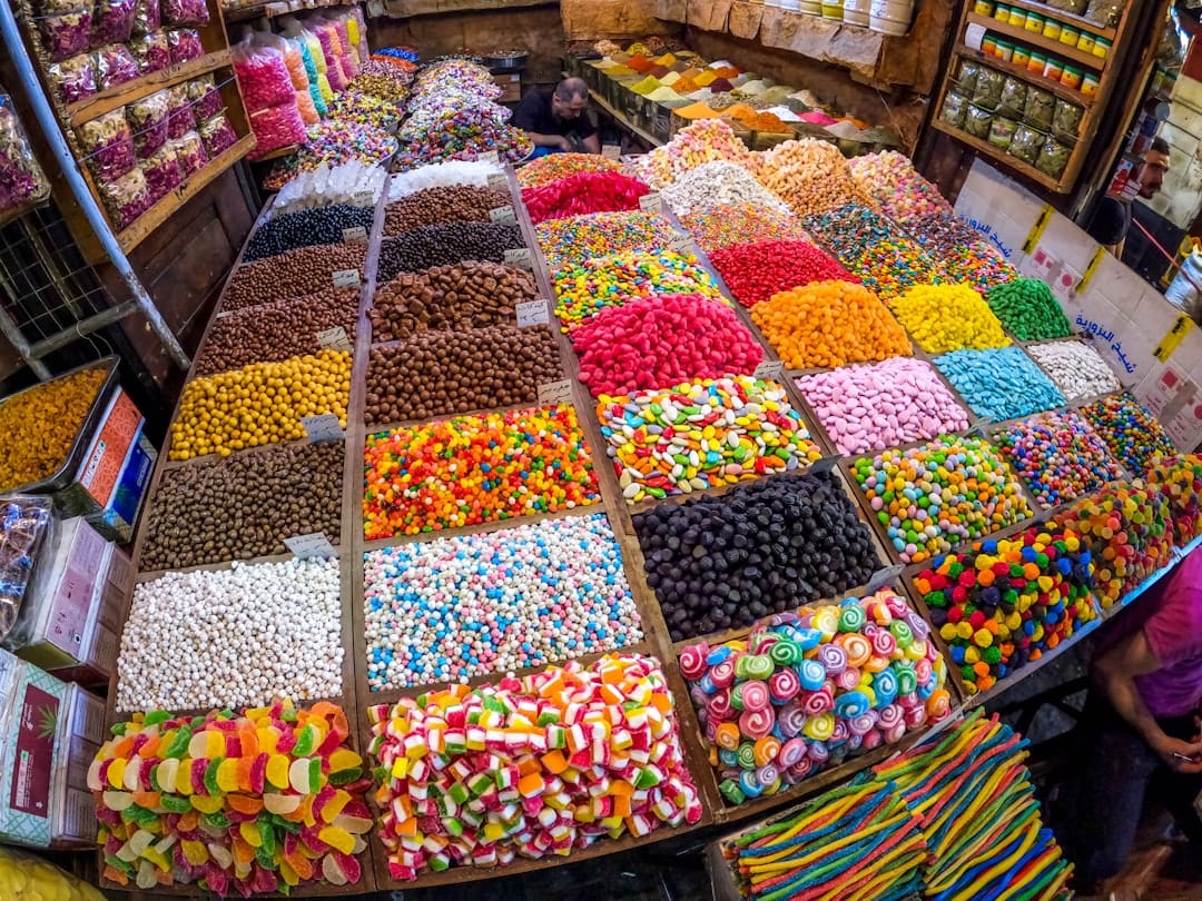 Display of assorted candy sweets and treats in a candy store