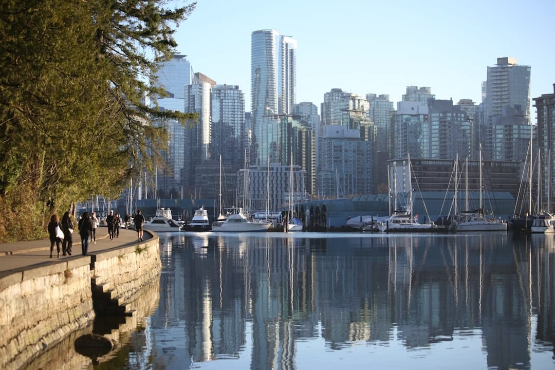 Vancouver city skyline and harbour at dusk representing weed delivery to Richmond BC