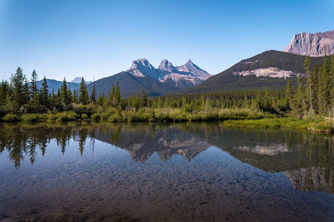 Canmore Three Sisters mountain range at sunset over the Bow Valley
