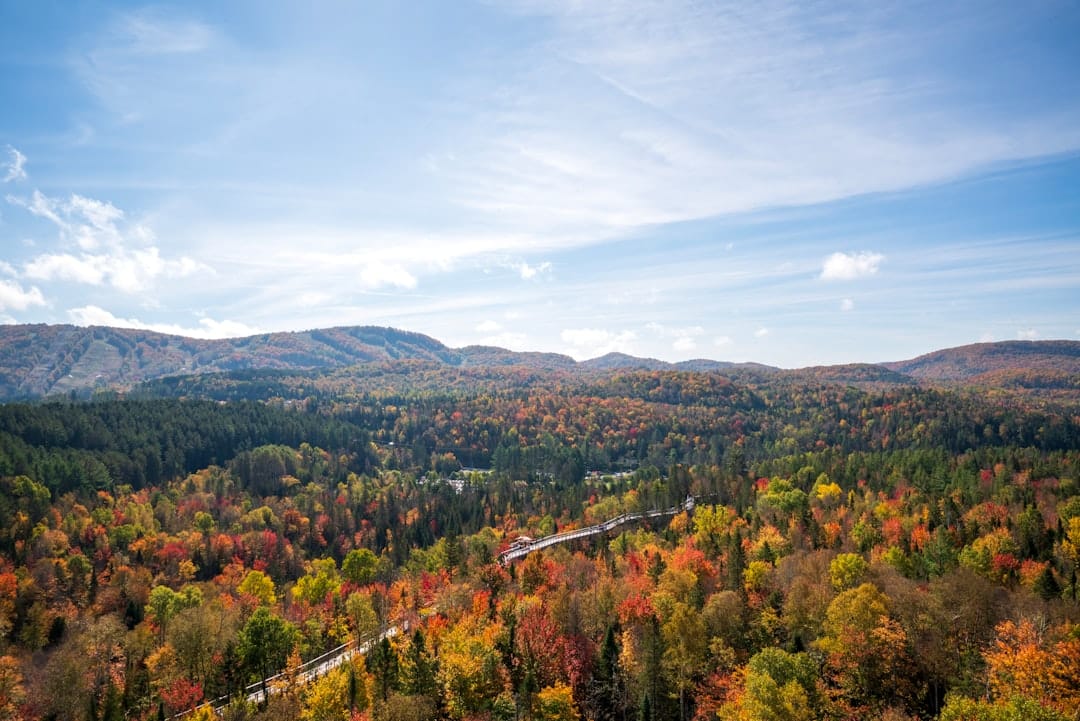 Aerial view of forested mountains in the Cantons-de-l'Est region surrounding Sherbrooke Quebec