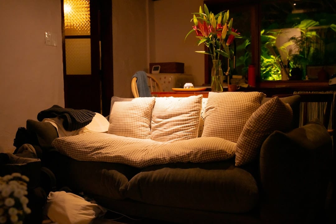 Cozy living room with warm lighting ideal for a relaxing cannabis session