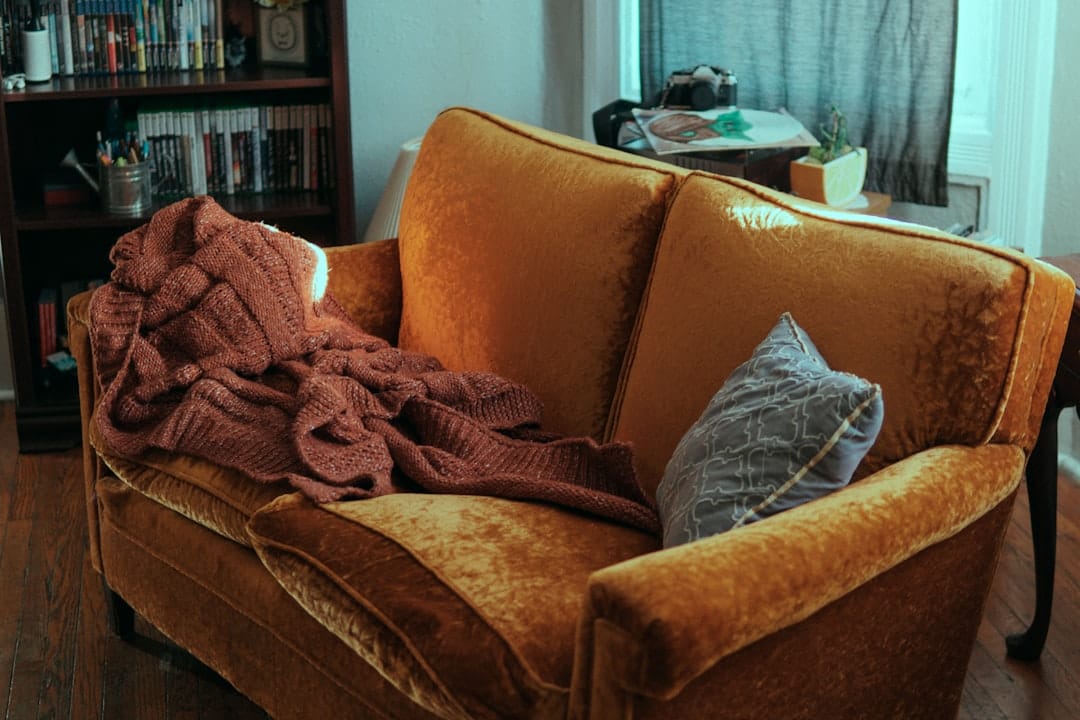 Cozy blanket and pillow on sofa perfect for a relaxing evening with indica cannabis