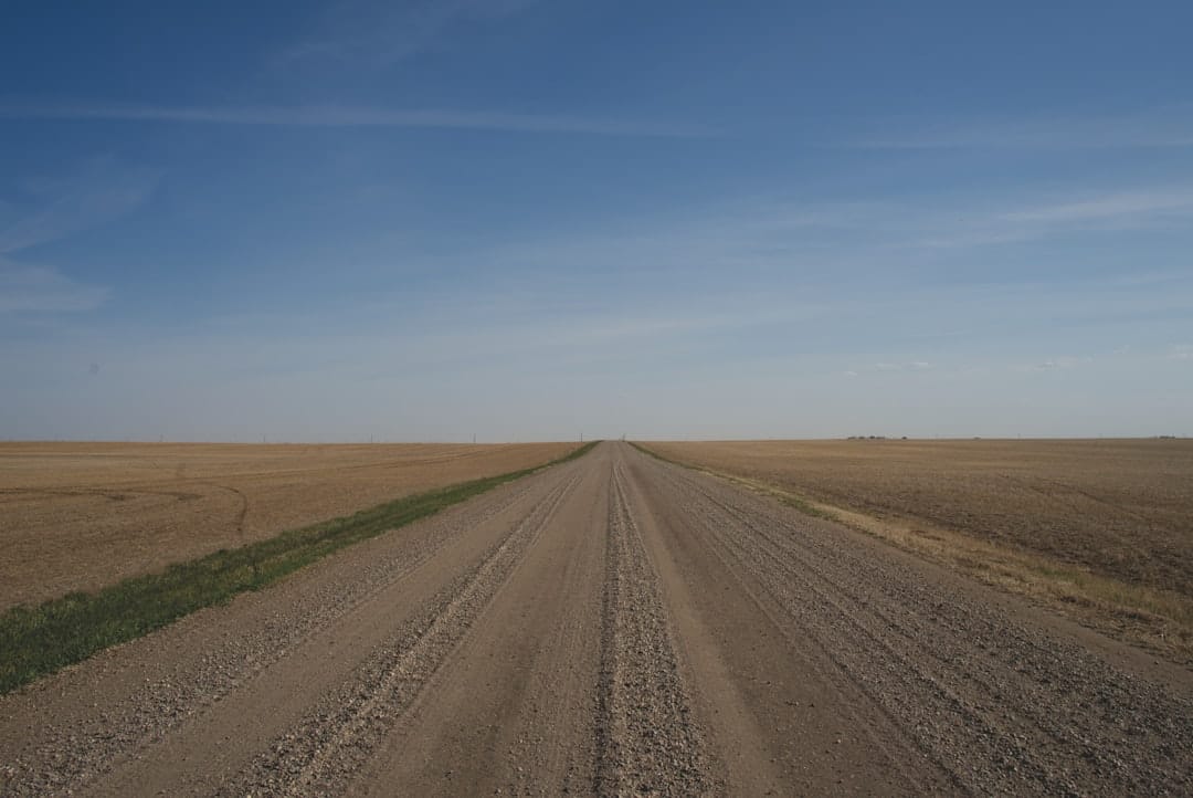 Dirt road through green Saskatchewan prairie under blue sky near Moose Jaw