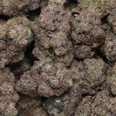 Death Valley AAAA indica flower, gallery photo of trimmed buds with heavy trichome coverage