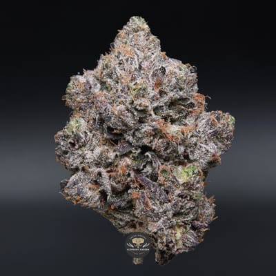 LSO Pink Wagyu AAAA indica flower, close-up of frosted purple-tinged buds