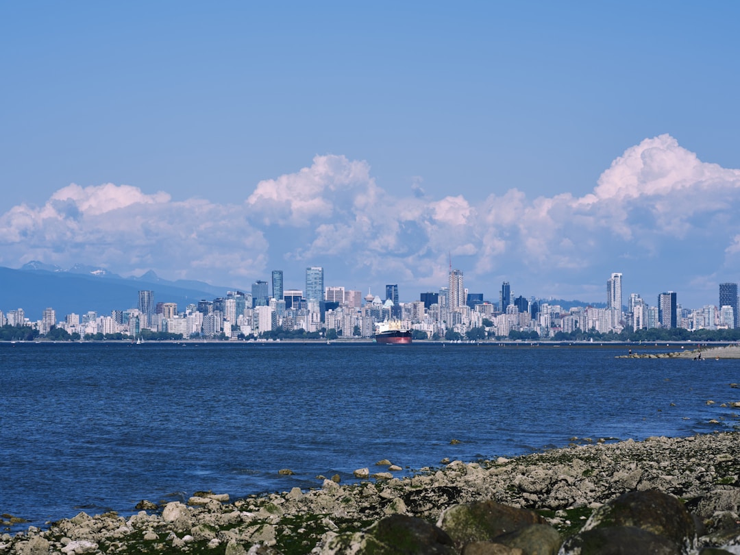 Waterfront cityscape viewed across the Fraser River in Metro Vancouver BC